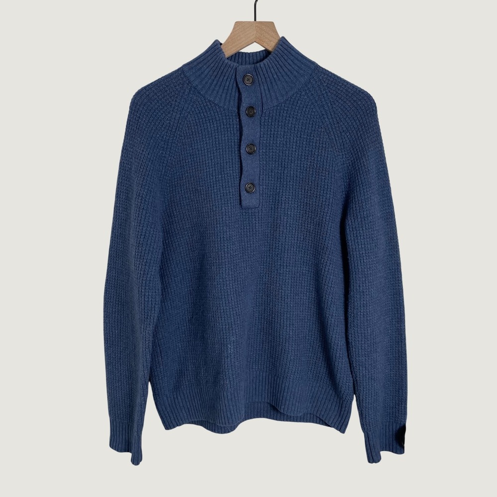 Banana Republic Sweater Men M Blue Wool Blend Waffle Knit Mock Neck Old Money